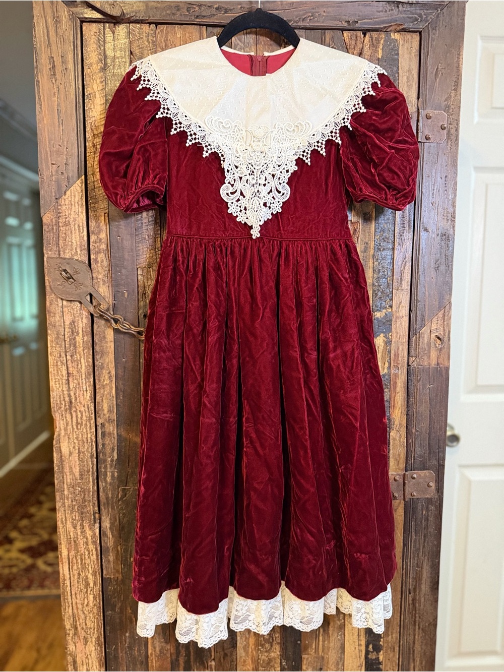 Vintage 80s 90s Girls 10 Burgundy Velvet Lace Christmas Dress Victorian